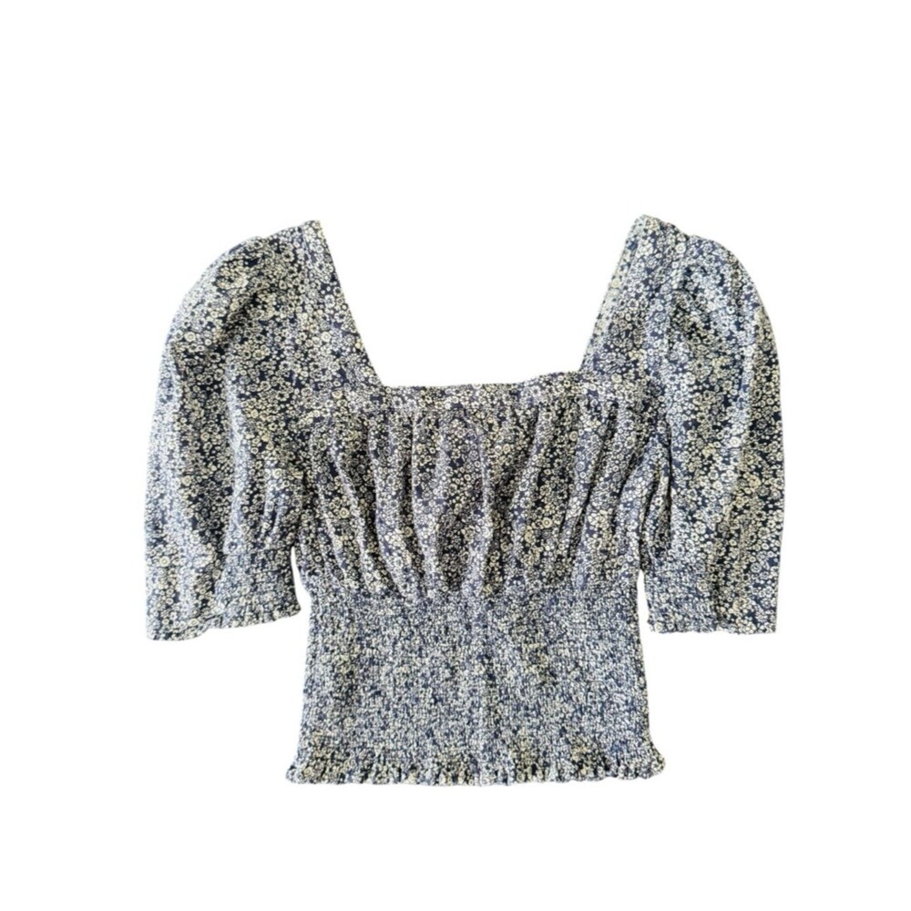Universal Thread Floral Smocked Puff Sleeve Crop Top Blue White Small Blouse